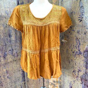 Mustard Lace & Crepe Baby Doll Top